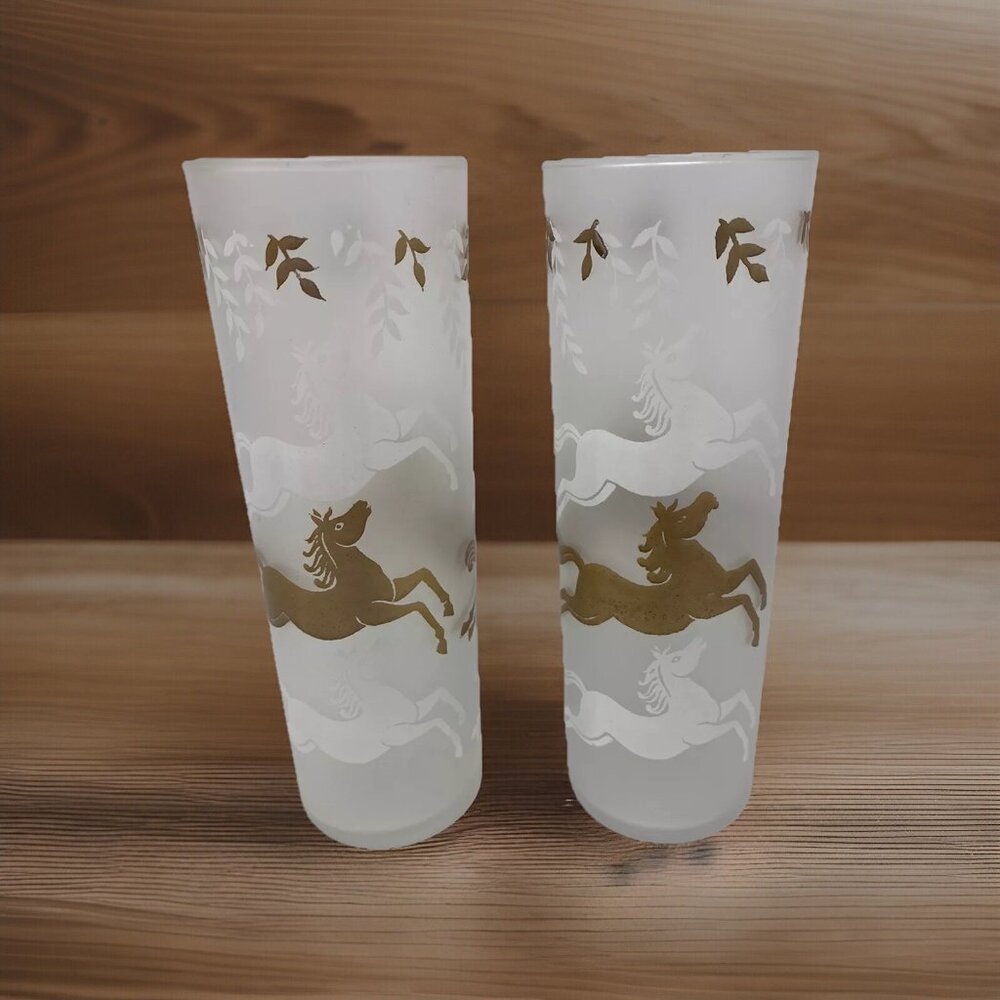 Set Of 2 Vintage Libbey Gold and White Horse Frosted Tall Bar Glasses Cavalcade